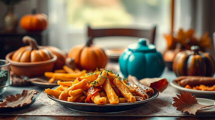 A vibrant overhead view of a complete holiday dinner table, featuring a glistening roasted poultry dish surrounded by various golden potatoes, glazed carrots, sausages, miniature pumpkin decorations.