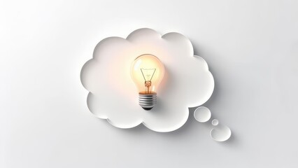 Illuminated lightbulb within a thought bubble on a white background, symbolizing an idea