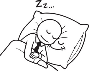 Cartoon stick figure businessman in a suit and tie sleeping peacefully in bed a black and white line art illustration.