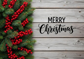merry christmas, happy christmas day Festive Christmas greeting with lush greenery and vibrant red berries arranged against a rustic wooden backdrop. merry christmas, happy christmas day,