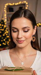 Young woman with elegant earrings thoughtfully gazing at a wrapped gift amidst warm Christmas lights and a festive tree.