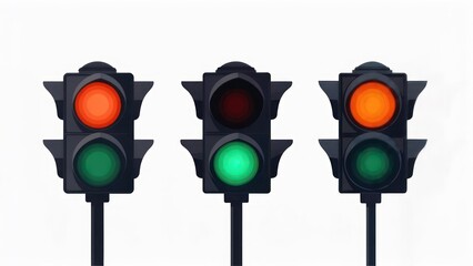 Illustrated trio of traffic lights showing red, green, and orange illumination against a white background