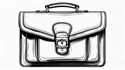 Illustrated, detailed front view of a leather briefcase with buckle closure and handle on white background