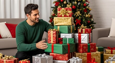 A smiling man in a green sweater sits surrounded by a large stack of Christmas presents next to a decorated tree.