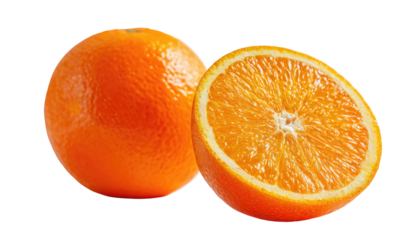 Two bright orange citrus fruits, one whole, one halved, against black