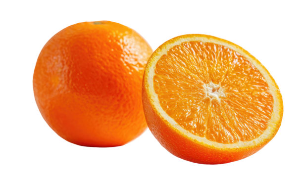 Two bright orange citrus fruits, one whole, one halved, against black