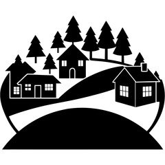 Neighborhood Silhouette of Houses and Trees on White Background.