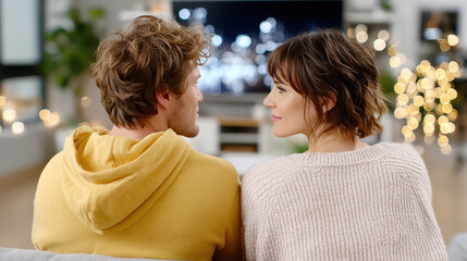 Young couple relaxing at home on sofa, sitting close together and looking at each other with blurred tv lights behind them. Romantic evening at home, wellness and quiet time together