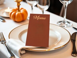 Elegant table setting with menu card, autumn decor and candle