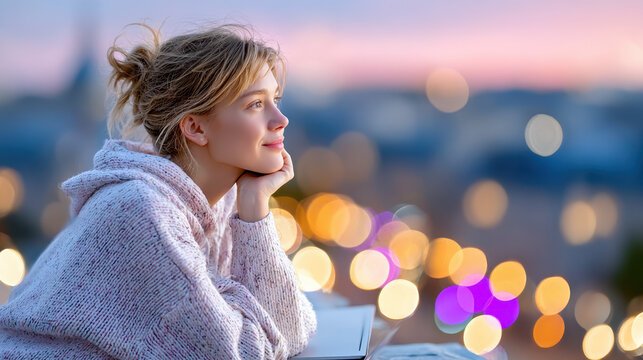 Woman in cozy sweater sitting on terrace at sunset with city lights visible in background - Powered by Adobe