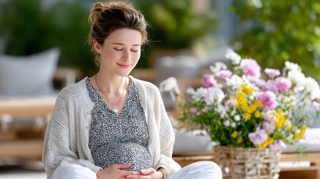 Pregnant woman sits cross legged with hands on belly and eyes closed. Prenatal yoga and meditation. Physical and mental health. - Powered by Adobe