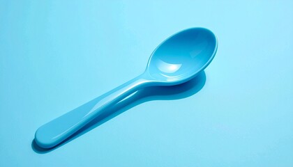 A single blue plastic spoon with a smooth texture and a small hole at the end of the handle, placed on a matching blue surface. Soft lighting creates gentle shadows and highlights, emphasizing the spo