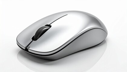 A sleek wireless computer mouse with a metallic silver finish, featuring a scroll wheel, two main buttons, and two side buttons. Ergonomic and modern design set against a dark background.