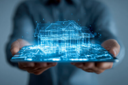 Person holding a tablet projecting a futuristic 3d digital house blueprint representing modern architecture and innovative property technology concepts