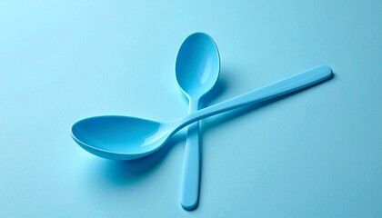 A single blue plastic spoon with a smooth texture and a small hole at the end of the handle, placed on a matching blue surface. Soft lighting creates gentle shadows and highlights, emphasizing the spo