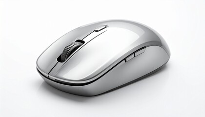 A sleek wireless computer mouse with a metallic silver finish, featuring a scroll wheel, two main buttons, and two side buttons. Ergonomic and modern design set against a dark background.