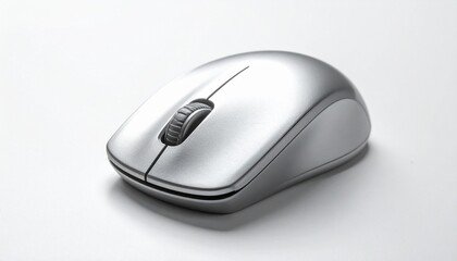 A sleek wireless computer mouse with a metallic silver finish, featuring a scroll wheel, two main buttons, and two side buttons. Ergonomic and modern design set against a dark background.