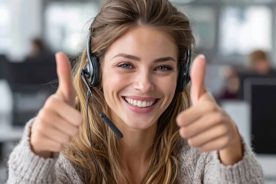 Young woman giving thumbs up in modern office during customer service call - Powered by Adobe