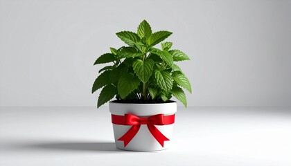 A vibrant green plant in a white pot decorated with a red ribbon tied into a bow, placed against a plain light gray-blue background. The composition emphasizes freshness, contrast, and decorative char