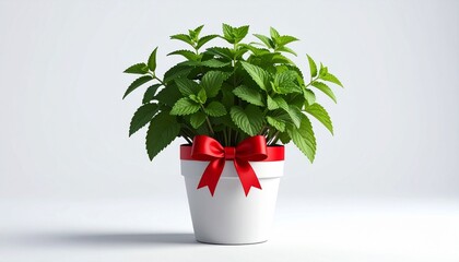 A vibrant green plant in a white pot decorated with a red ribbon tied into a bow, placed against a plain light gray-blue background. The composition emphasizes freshness, contrast, and decorative char