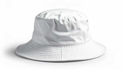 A white bucket hat with a wide downward-sloping brim and cylindrical crown, featuring a small black eyelet on the side. Set against a plain white background with a sleek, modern appearance.