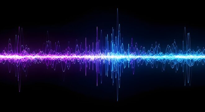 Vibrant neon sound waveform pulsating with energy and light on a dark background - Powered by Adobe