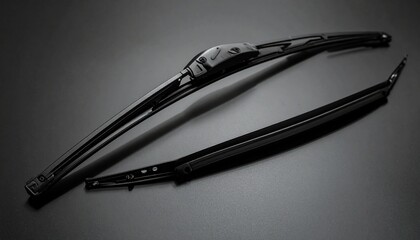 A close-up view of a windshield wiper blade with visible mounting mechanism, rubber strip, and frame. Set against a dark background with soft lighting to highlight its structure and automotive functio