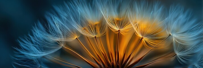 Extreme close-up panorama of delicate dandelion seeds (pappus) illuminated by a warm orange light against a cool, dark blue background.