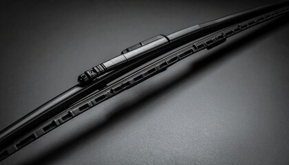 A close-up view of a windshield wiper blade with visible mounting mechanism, rubber strip, and frame. Set against a dark background with soft lighting to highlight its structure and automotive functio