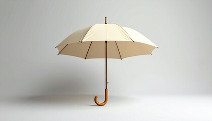 An open beige umbrella with a curved wooden handle and shaft, standing upright on a white surface against a light gray background. Symmetrical and minimalist design with soft lighting.