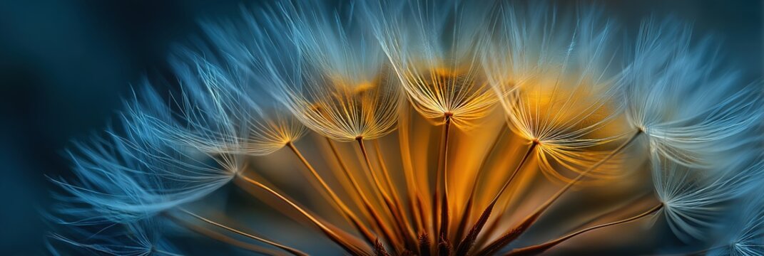 Extreme close-up panorama of delicate dandelion seeds (pappus) illuminated by a warm orange light against a cool, dark blue background.