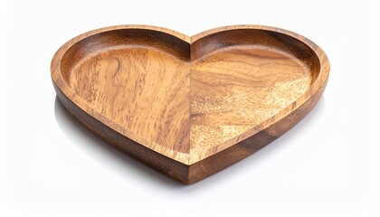 A polished heart-shaped wooden tray with visible grain patterns and raised edges, placed on a matching wooden plank surface. Warm, rustic composition emphasizing craftsmanship and natural texture.