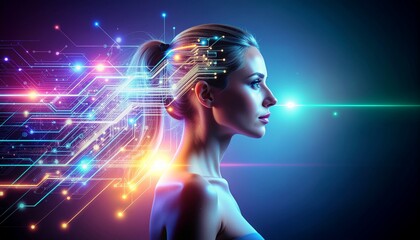 A woman with a futuristic circuit design and neon lights emanating from her head against a dark background with a cinematic feel and a predominantly blue and purple color palette.