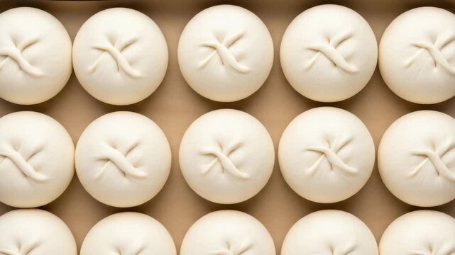 Time lapse of raw yeast dough buns proofing on a baking sheet before baking. Top view of homemade bread rolls rising and expanding in a pan for a culinary blog