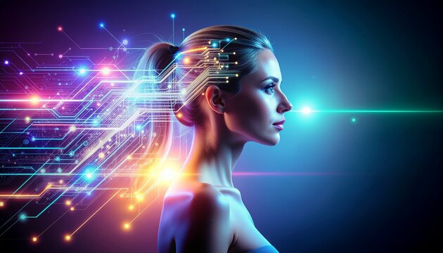 A woman with a futuristic circuit design and neon lights emanating from her head against a dark background with a cinematic feel and a predominantly blue and purple color palette.