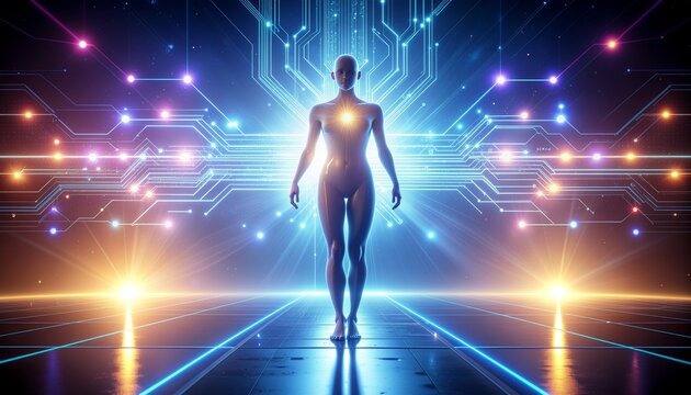 Full-body silhouette of a person standing on a futuristic circuit board background with neon lights and glowing lines, conveying a technological and innovative mood.