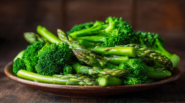 Fresh steamed green asparagus and broccoli on a rustic ceramic plate against a dark wooden background perfect for healthy eating and vegetarian meals