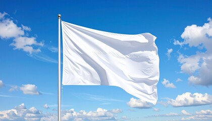 A plain white flag fully unfurled and waving on a flagpole, set against a bright blue sky with scattered white clouds. Symbolic and minimal composition emphasizing peace and openness.