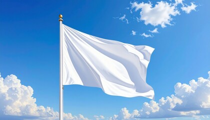 A plain white flag fully unfurled and waving on a flagpole, set against a bright blue sky with scattered white clouds. Symbolic and minimal composition emphasizing peace and openness.