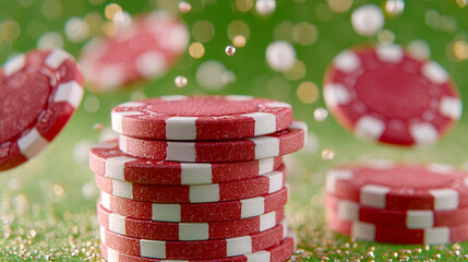 wellness; exercise equipment; Stack of red casino poker chips on green felt table with copy space