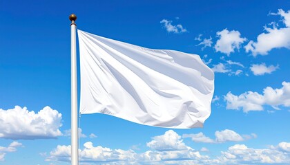 A plain white flag fully unfurled and waving on a flagpole, set against a bright blue sky with scattered white clouds. Symbolic and minimal composition emphasizing peace and openness.
