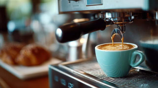 Close-up of espresso machine pouring coffee into blue cup with pastries in background