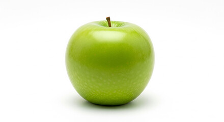 A single, perfectly ripe green apple placed precisely in the center of a pure, seamless white background. The lighting is soft and even, highlighting the apple's natural contours and subtle texture