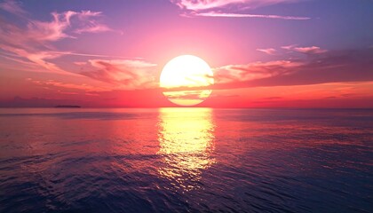 Obraz premium Brilliant sunset over calm ocean water. Fiery sky and sun reflecting on sea. Distance island is barely visible