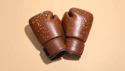 A pair of brown boxing gloves placed side by side on a light beige background, covered with white sesame seeds to resemble hamburger buns. Playful visual pun blending sports and food elements.