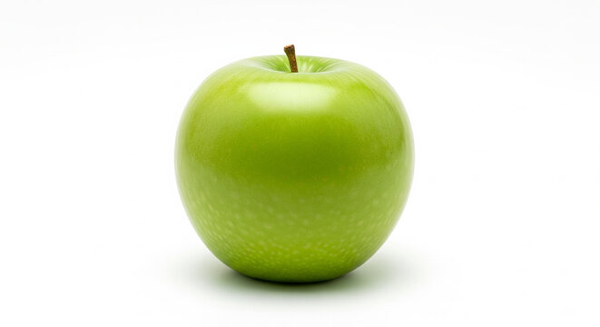 A single, perfectly ripe green apple placed precisely in the center of a pure, seamless white background. The lighting is soft and even, highlighting the apple's natural contours and subtle texture