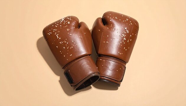 A pair of brown boxing gloves placed side by side on a light beige background, covered with white sesame seeds to resemble hamburger buns. Playful visual pun blending sports and food elements.