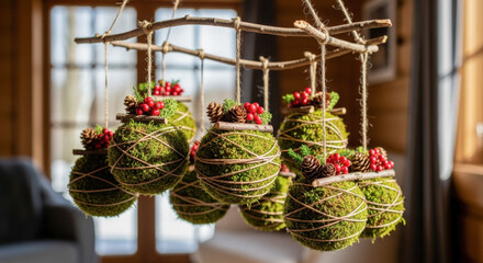 Rustic Christmas decor: Moss and berry spheres hanging from wooden branches in a cozy, natural setting.