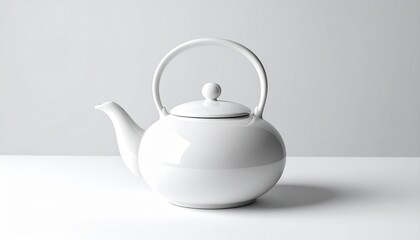 A white ceramic teapot with a rounded body, curved spout, circular top handle, and a knobbed lid. Set on a clean white surface with a minimalist background, emphasizing its glossy finish and elegant f