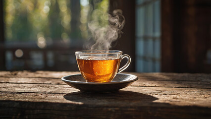 A cup of hot tea on a wooden surface